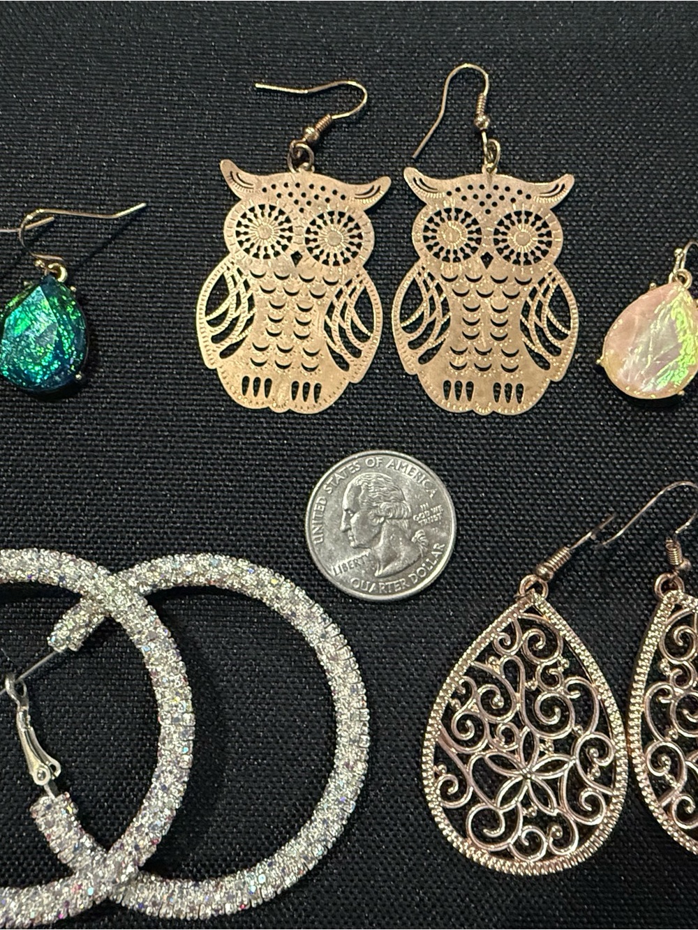 Lot of 5 pairs Earrings - Women Jewelry. Lace like, owl, hoops, iridescent